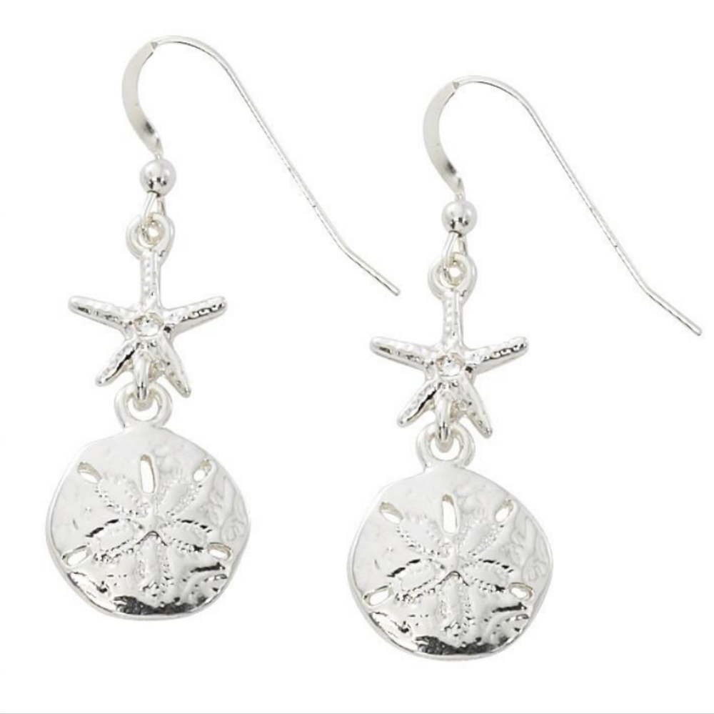 Sand Dollar and sea star drop earrings. Made in the USA